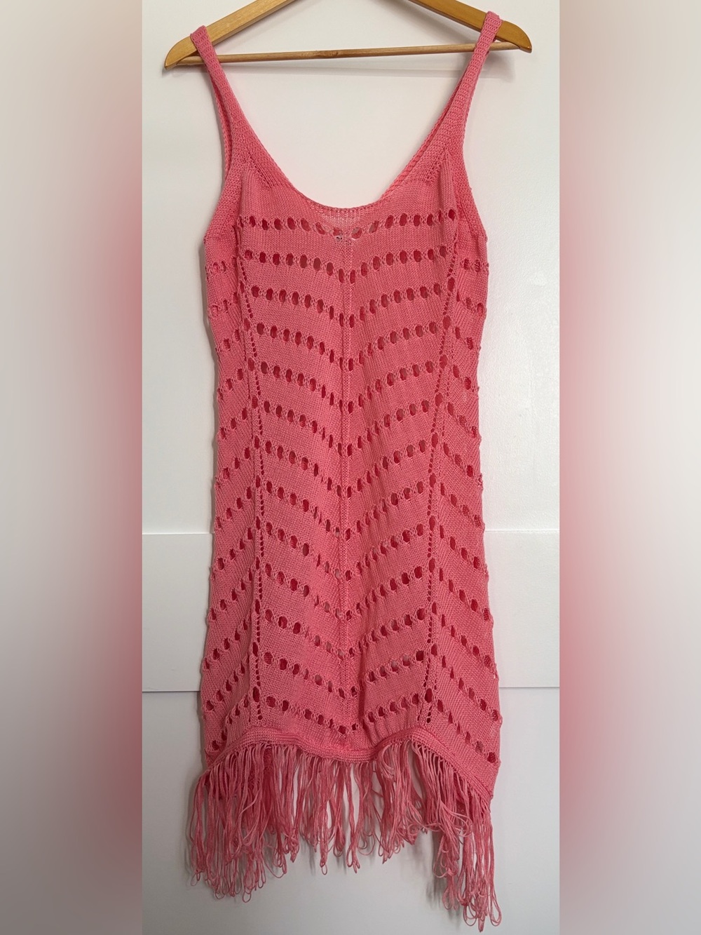 Aolro Pink Open Crochet Knit Pointelle Fringe Swim Coverup Dress Large